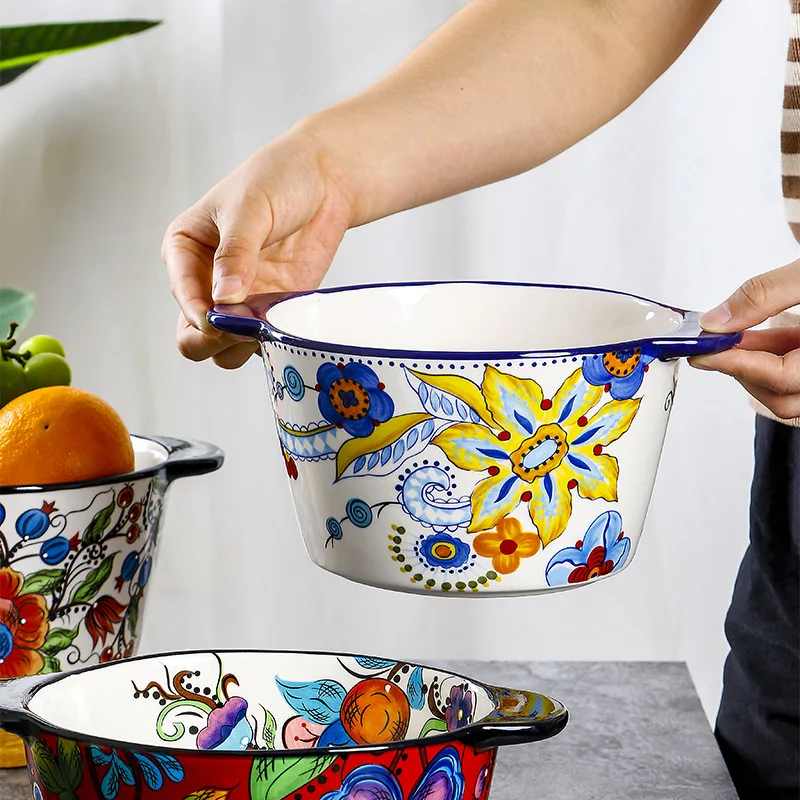 

American Ceramic Bowl Hand-painted Binaural Anti-scalding Deepened Soup Bowl Microwave Oven Bowl Large Fruit Ice Salad Bowls