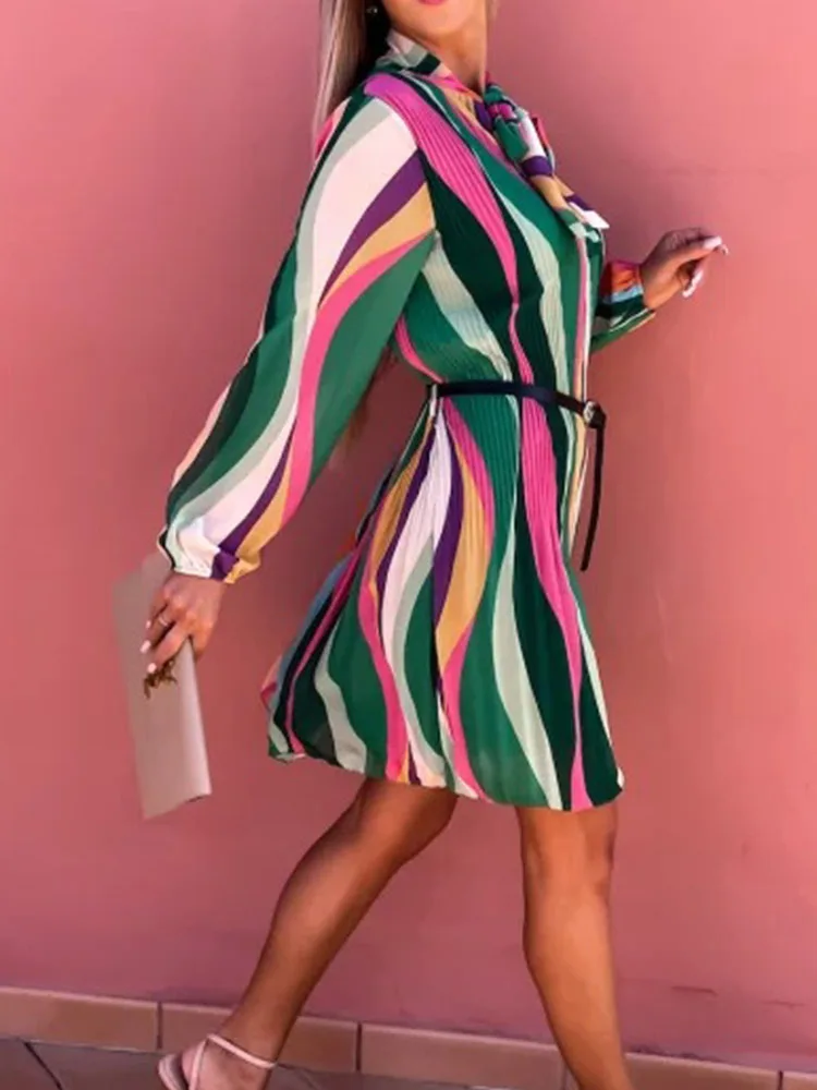 

Vintage Colorful Patchwork Short Dress Elegant O-Neck Bow Lace-up Pleat Boho Dress Women Casual Long Sleeve Loose Party Dresses