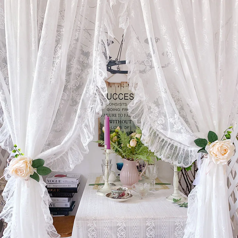 

French Romantic Ruffle Lace Curtain Liftable Sheer Voile White Roman Curtain Bowknot Tie Up Balloon Curtain Kitchen Cafe Room