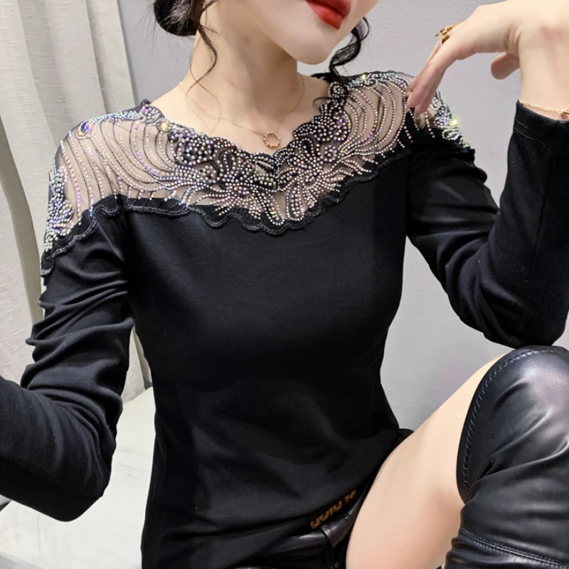 Европейский стиль, женская мода, сексуальные прозрачные рубашки со стразами, женская одежда, женские милые винтажные эстетические женские топы
