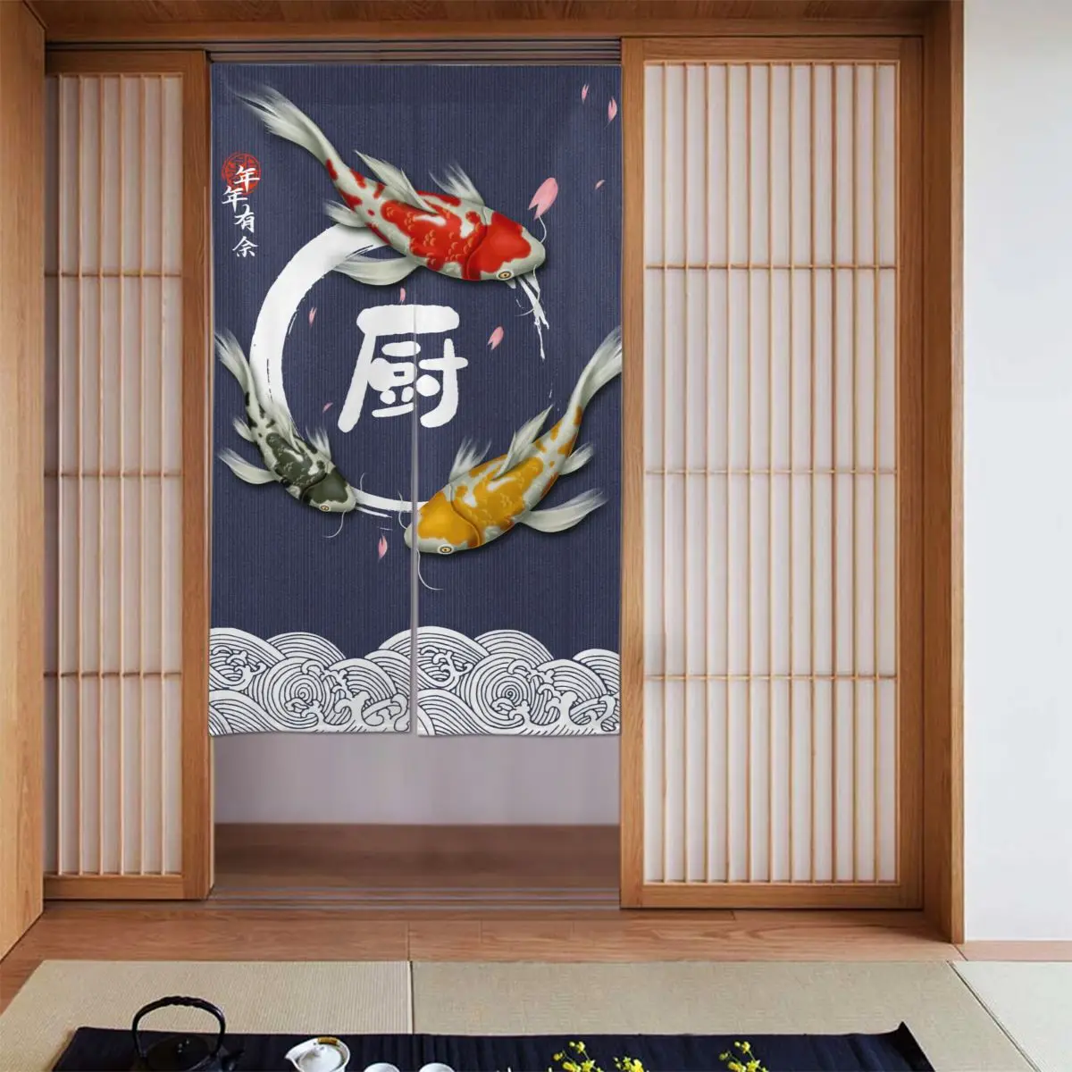 

Koi Fish Japanese Door Curtain Lucky Zen Kitchen Separate Tapestry Cotton Linen Funny Noren for Entrance Restaurant Ornament