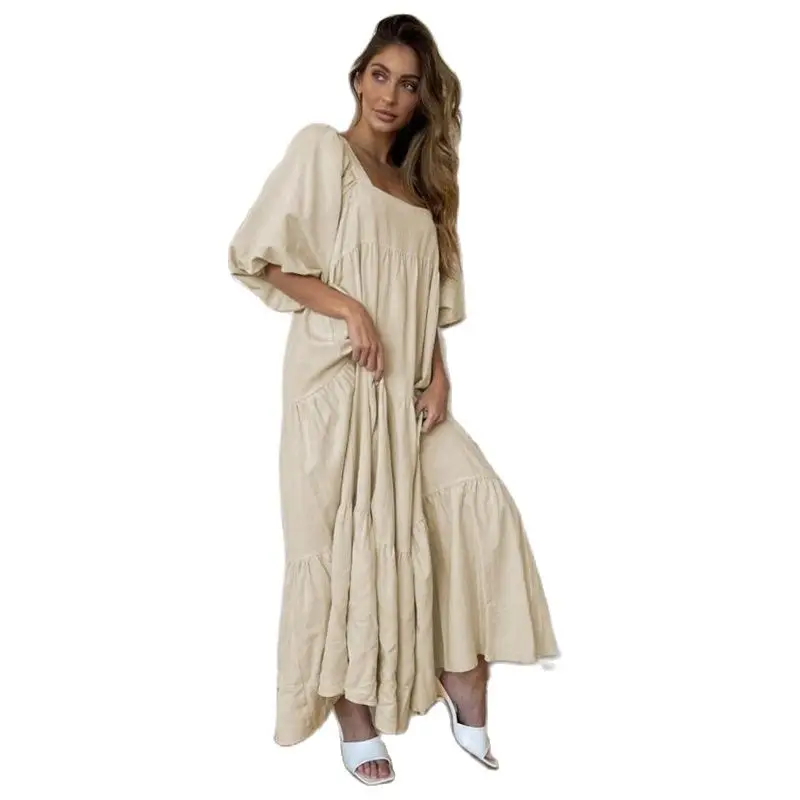 

New Women Ruffles Long Summer Dress Fashion Loose Style Dress Patchwork Lace Up Dress Solid Color Summer Clothes Drop Shipping