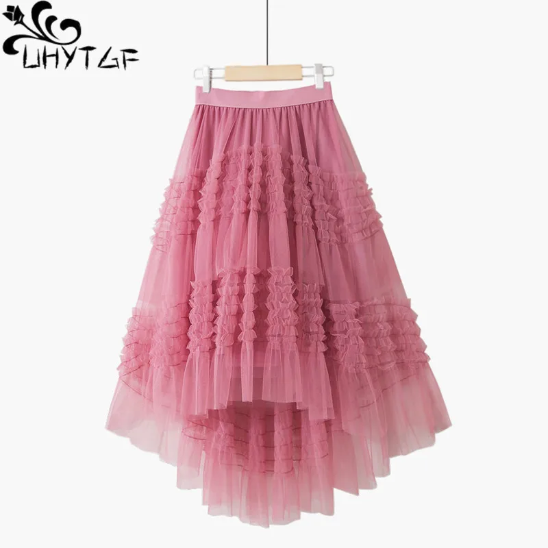 

UHYTGF Peng Женская юбка на весну и лето, новая кружевная Асимметричная модная женская сетчатая юбка с широкой юбкой и эластичным поясом, 160