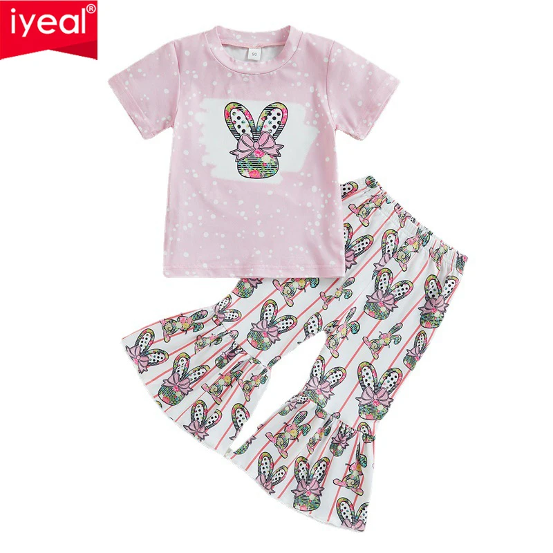 

IYEAL 1-5Y Summer Kids Girls Clothes Set Easter Short Sleeve T-shirt with Rabbit Print Flare Pants Children 2Pcs Suit