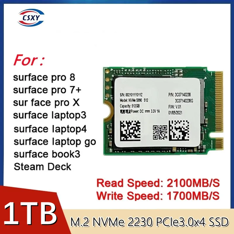 

SSD 2230 1TB M.2 NVMe PCIe3.0x4 S990 2230 SSD 256GB 512GB 3.3V 1A for Microsoft Surface Pro 7+ Pro8 Pro9 Steam Deck Brand New