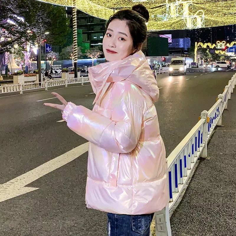 2022New Coats Women's Shinny Hooded Long Sleeve Zipper Pockets Ladies Casual Thick Winter Jacket Cold Coat for Female 2021