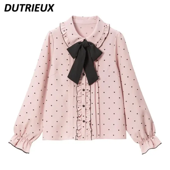 

2023 New Spring Autumn Blusas top Cute Bow Long Sleeve Shirt Japanese Style Women Tops Wooden Ear Doll Collar Blouse female