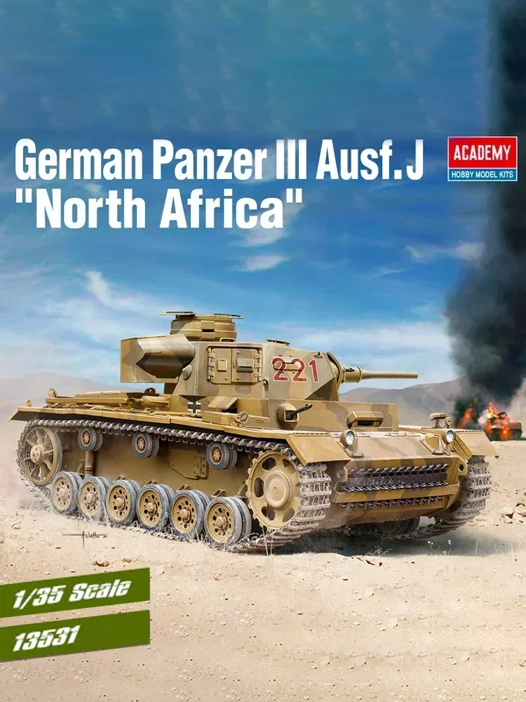 Фото Модель Академии 1/35, 13531, немецкий Panzer III Ausf J (Tp), сборочная сборка филе Северной Африки, масштаб, игрушки «сделай сам», комплект модели №1