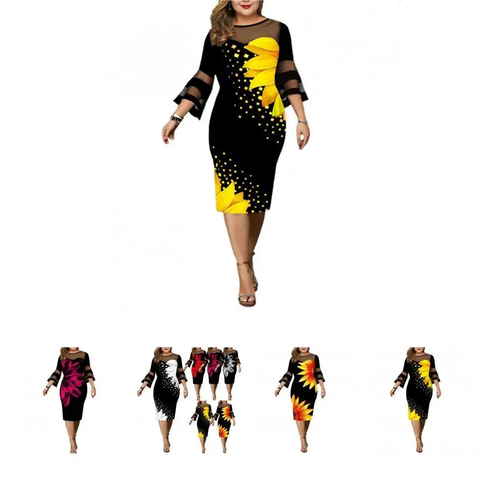 

Stylish Women Dress Floral Print Mid-Calf Dress Round Neck Bodycon Dress