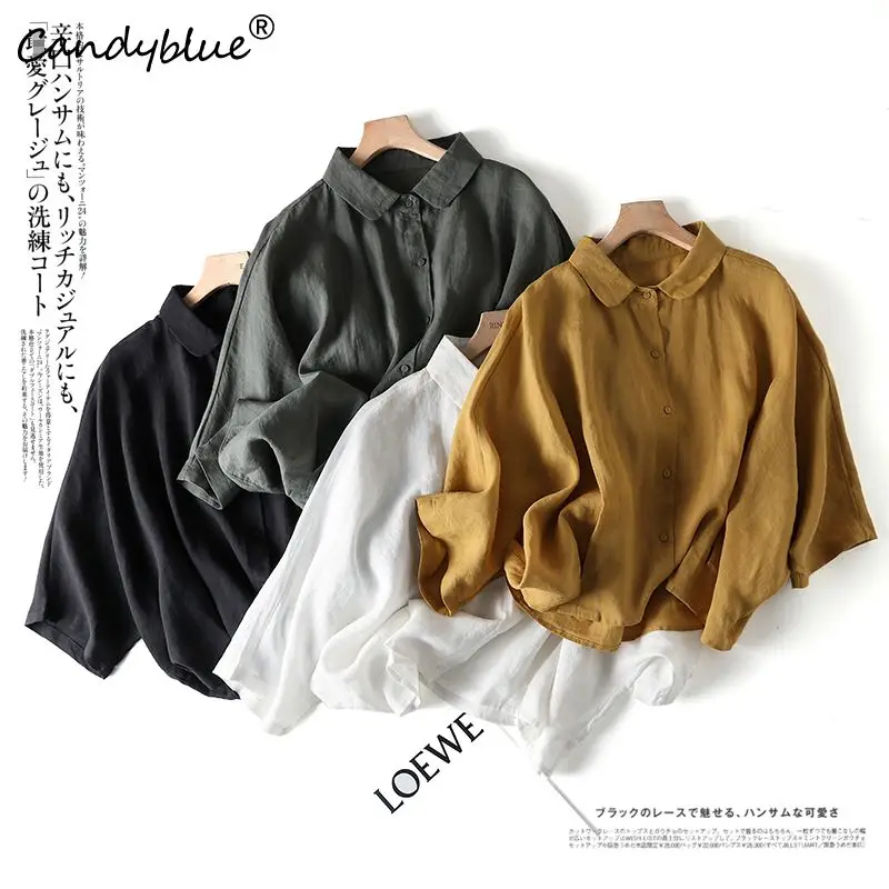 

Solid Color Shirt Women's New Spring Summer Drop Shoulder Short Sleeve Shirt Lapel Casual Art Personalized Versatility Women Top