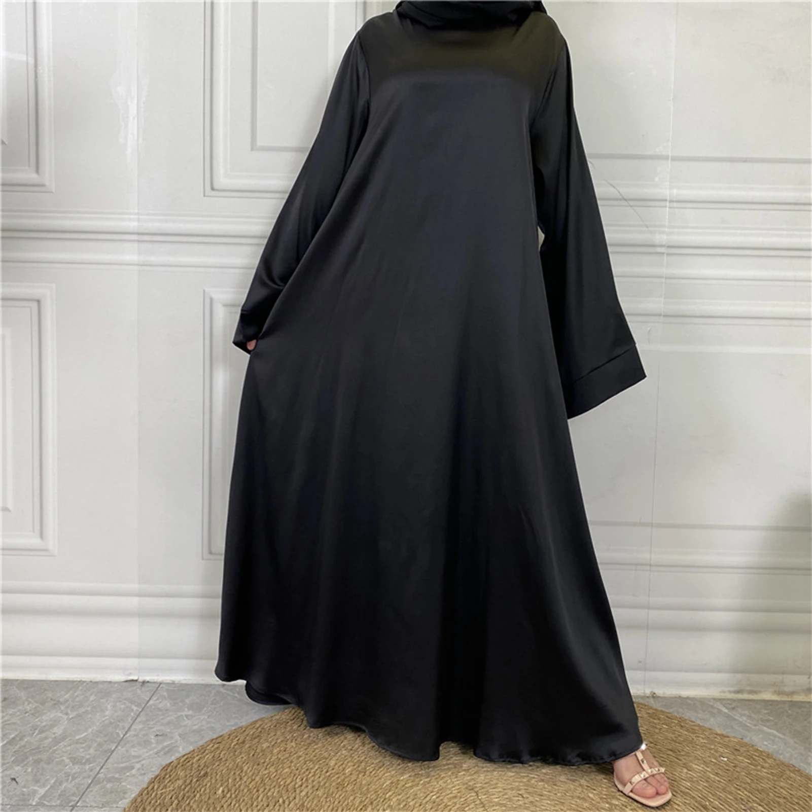 

Long Sleeve Dress Solid Color Musulmane Satin Hijab Dress Summer Fashion Dubai Turkey Kaftan Robe Party Islam Clothing Robes