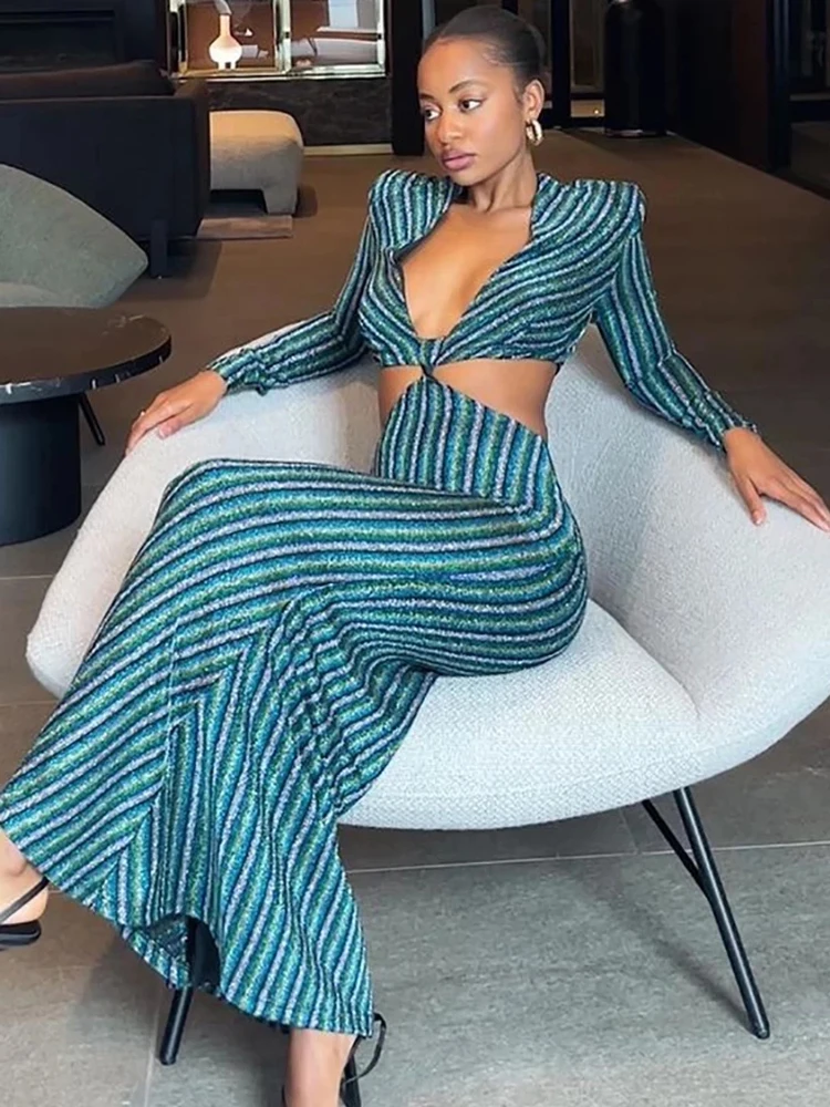 

Sifreyr Sexy V-Neck Hollow Out Dress Women Striped Long Sleeve Bodycon Evening Party Maxi Dress Female Autumn Elegant Vestidos