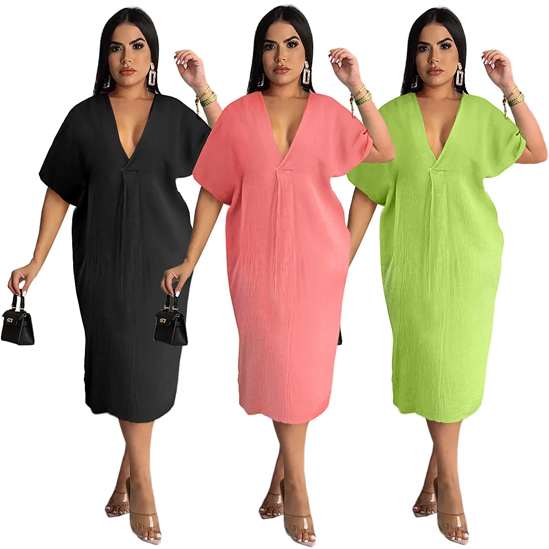 

dress women 2022 Fashion Womens Loose Casual Resort Style Solid Wrinkled Cloth V-Neck long summer clothes 2022 woman dresses