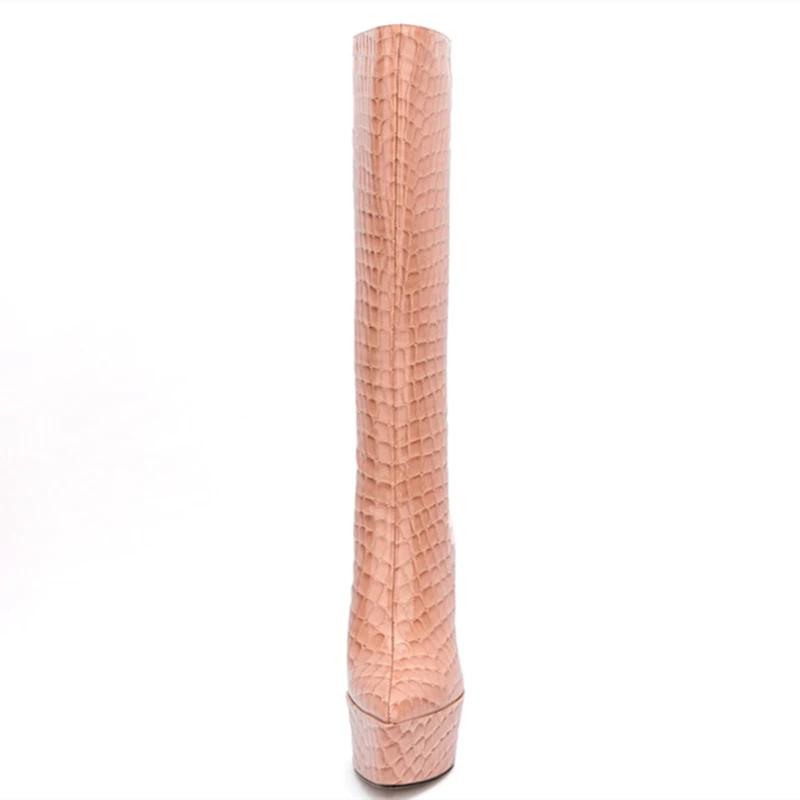 Med Shaft Boots Stone Print New Style Pointed Toe Platform High Heel Women Shoes Back Zipper Knee High Boots Autumn Winter