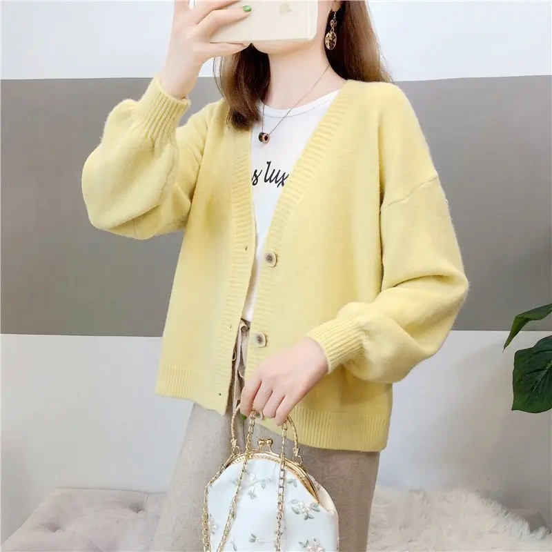 

Lantern Sleeve Sweater Women V Neck Cardigans Outwear Loose Knitted Tops