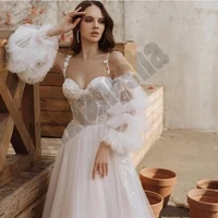 gorgeous wedding dresses appliques lace vestidos de novia a line detachable puffy sleeve luxury tulle robe de mariee modern