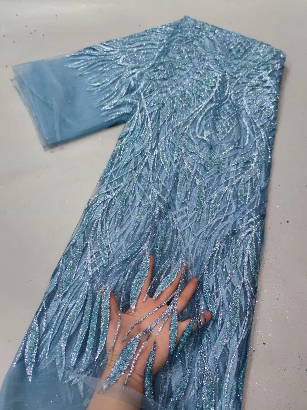 

African Latest 2022 High Quality Sky Blue Lace Mesh Fabric French Sequins Tulle Fabric For Wedding Bride Party Dress Material