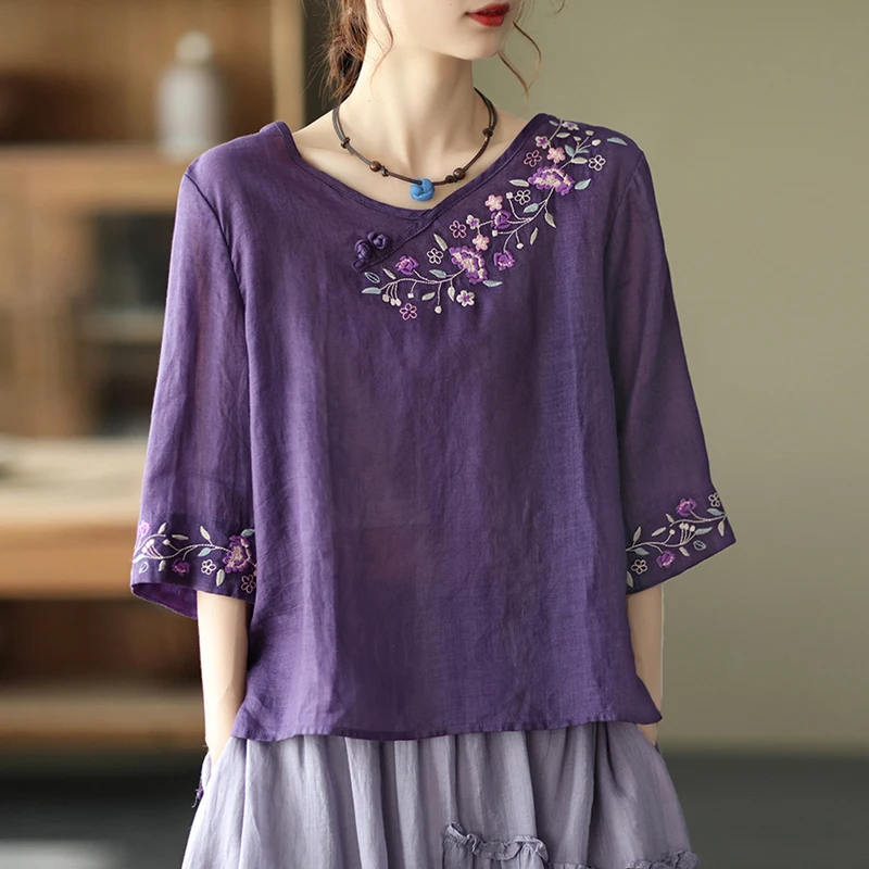 

Embroidery Vintage Women's T-shirts Summer 2023 New Tees Solid Loose Short Sleeves Ladies Top V-neck Clothing YCMYUNYAN