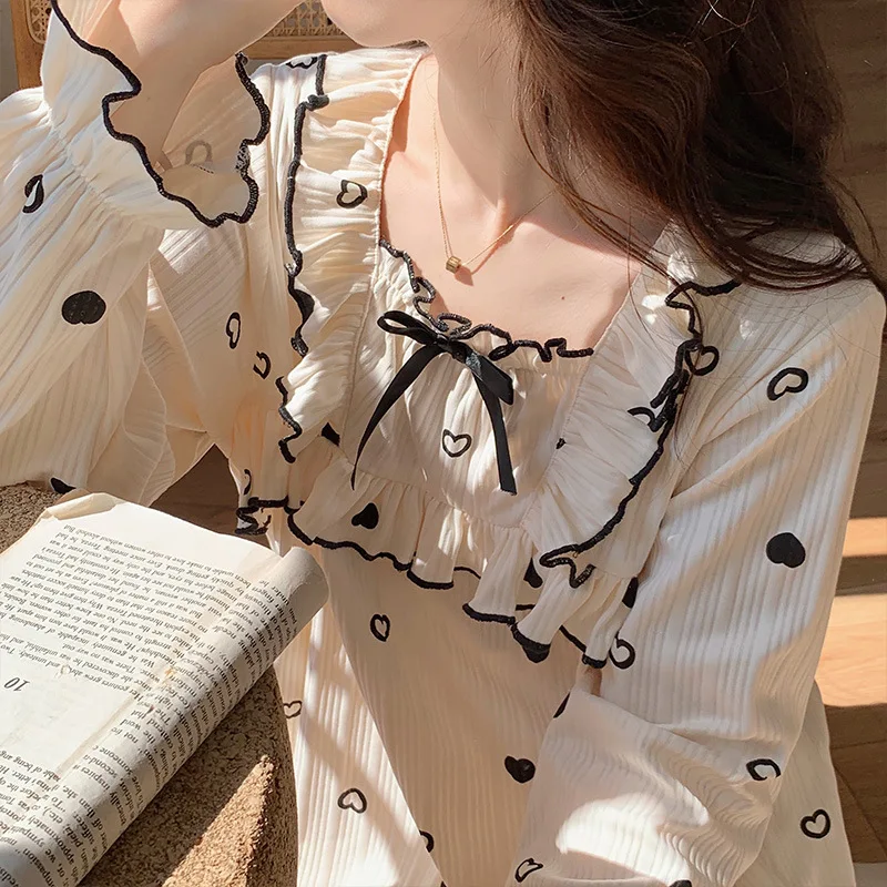 Yasuk Spring Autuum Fashion Women's Casual Sleepwear Homewear Lovely Sweet Girl Pajamas With Pants Soft Simple Heart Bow