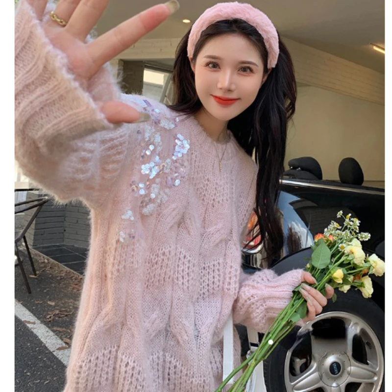 

Korean Sweet Girl Pink Long-sleeved Pullover Sweater Women's Autumn 2022 New Lazy Style Loose Knitted Tops