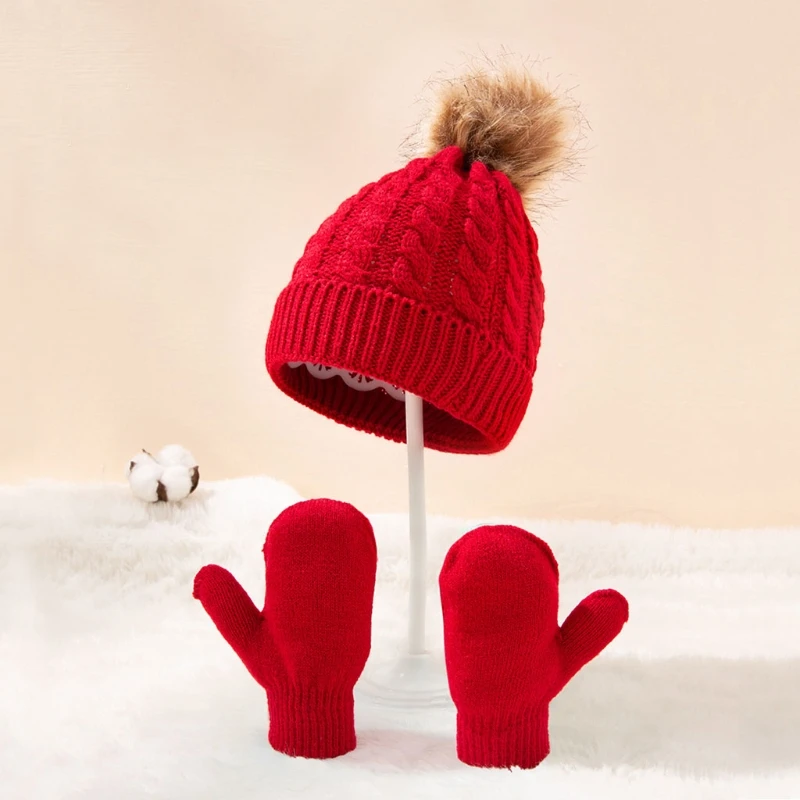 

Winter Warm Baby Solid Color Hat Gloves Set Fur Ball Knitted Cap Mitten