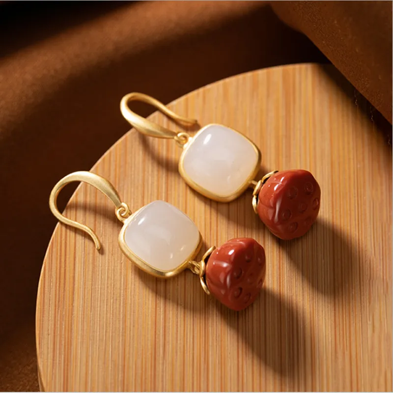 

Uglyless Ethnic Fashion Gemstone Earrings for Women Nature Jade Agate Lotus Jewelry Gold Square Dress Earrings 925 Silver Bijoux