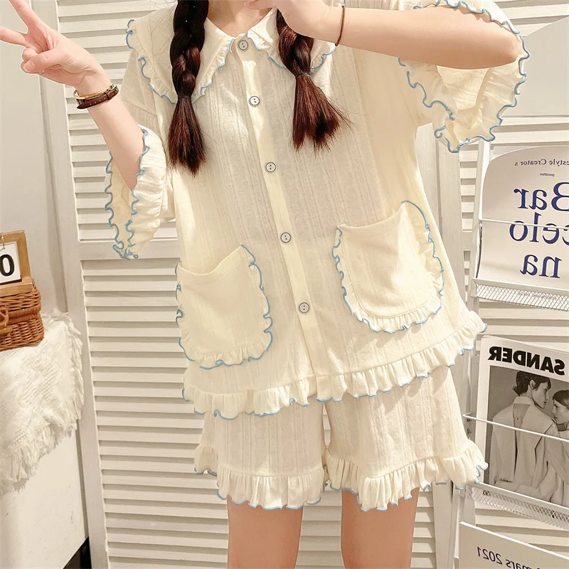 

Korean Solid Color Pajama Sets V-neck Short Sleeve Women Summer Ruffles Cotton Thin Kawaii Trendy Womens 2pcs Pyjamas Elegant