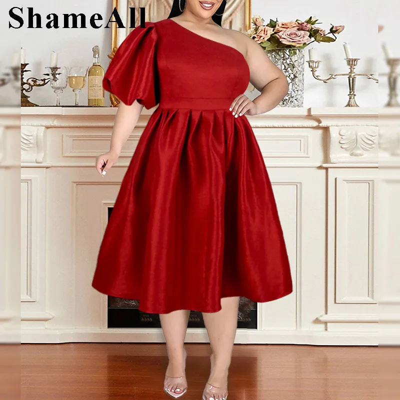 

Plus Size A-line Pleated Red Prom Dress 4xl Summer Sexy Asymmetric One Puff Shoulder Birthday Party Club Outfits Event Mid Gowns