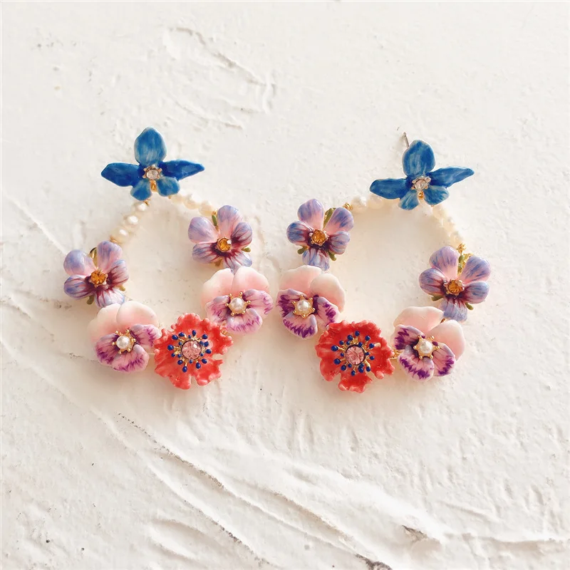 Богемия милый сладкий цветок круглые висячие серьги натуральный жемчуг эмаль