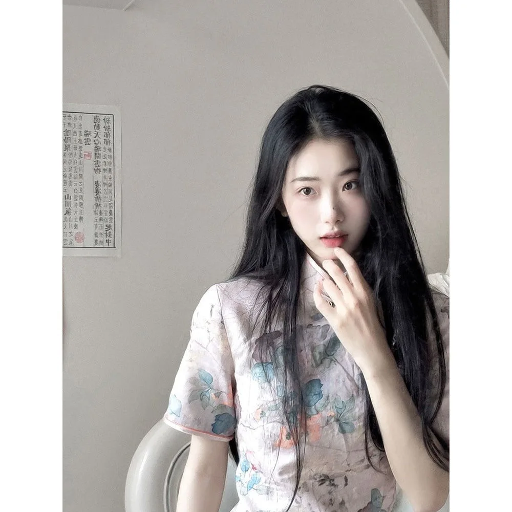 New Chinese Pink Cheongsam Summer Flower Print Short Sleeve Vintage Dress Women Costumes High Quality Qipao S To XXL