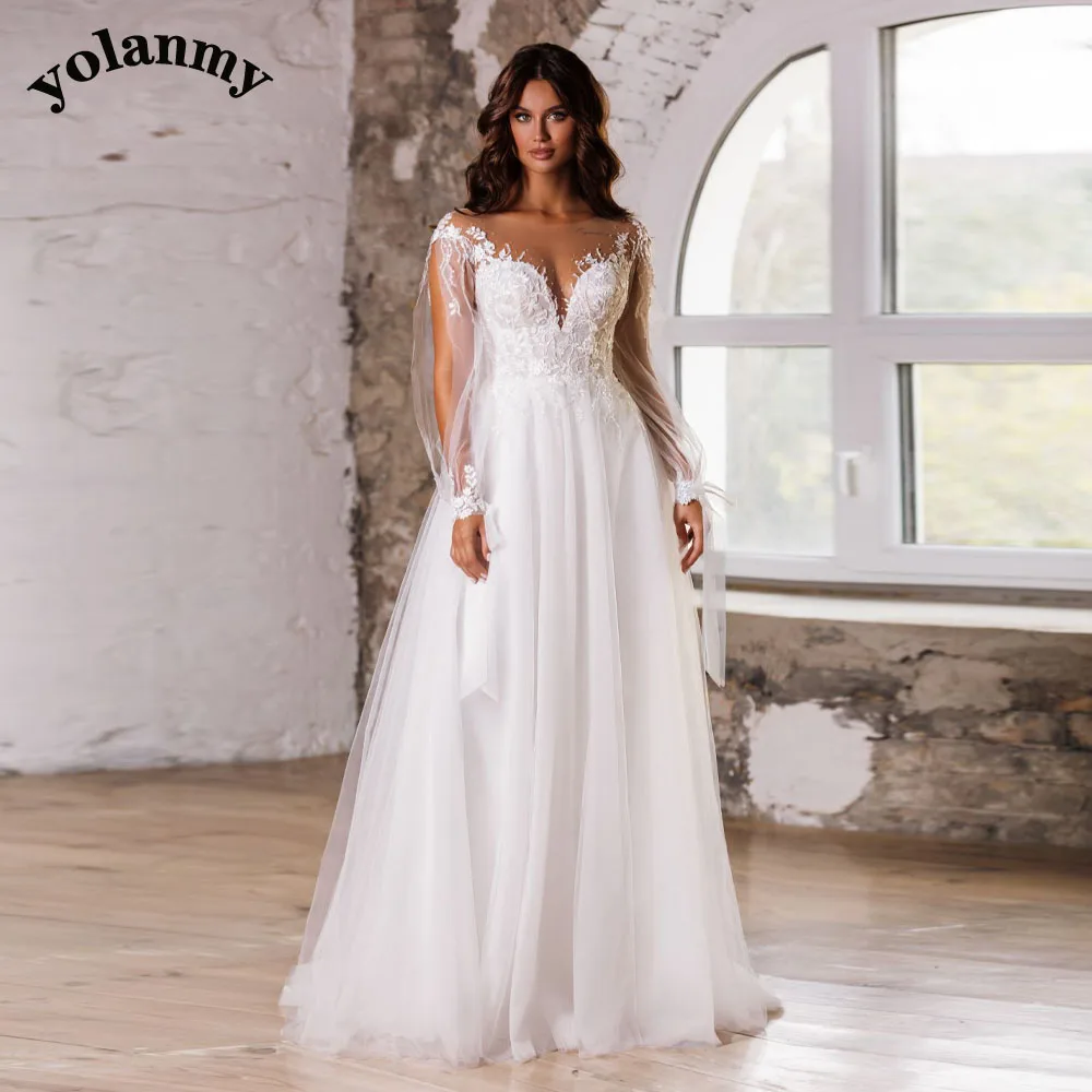 

YOLANMY Bohemian Aline Puffy Wedding Dresses For Mariages Floor Length Appliques Vestido De Casamento Customised Plus