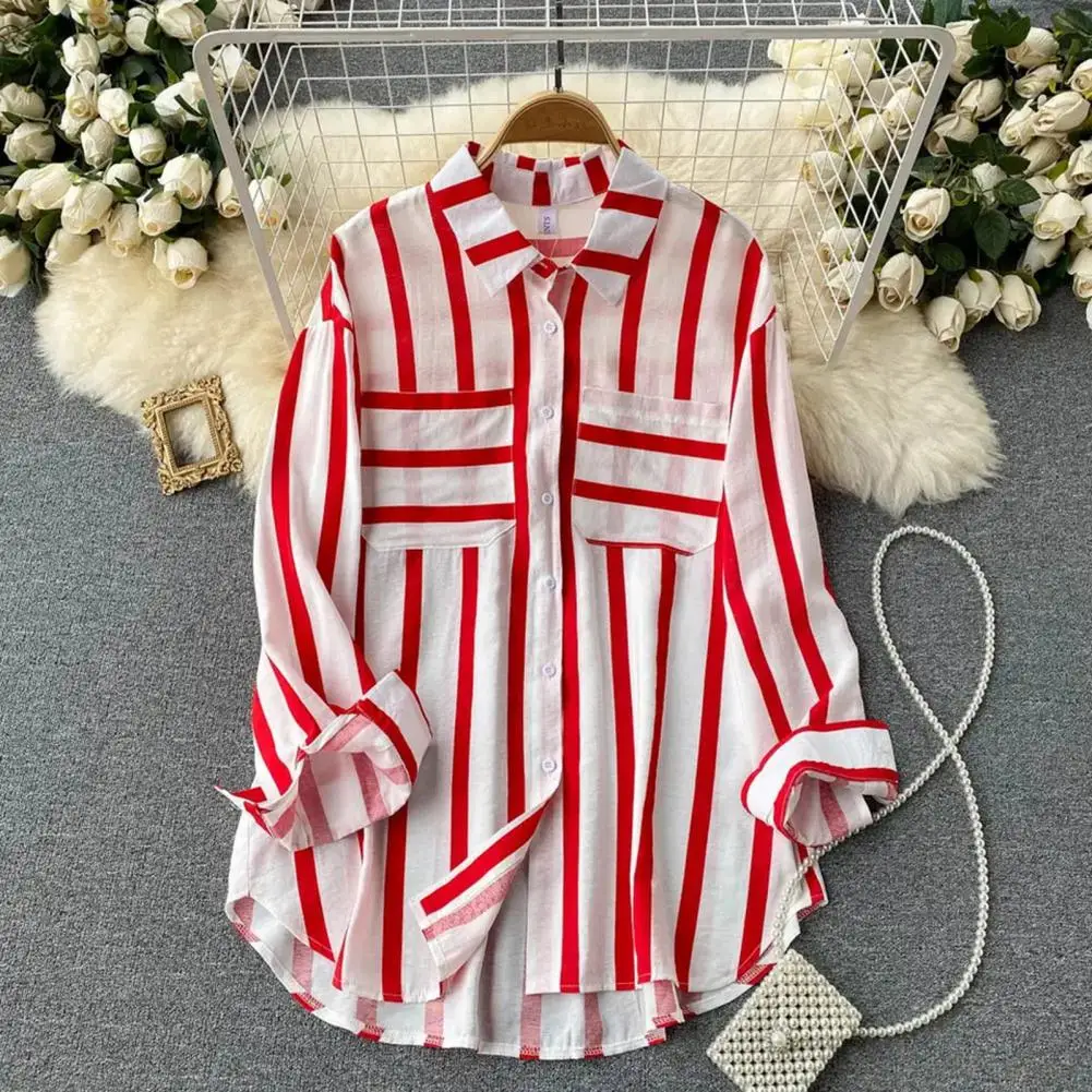 

Women Fall Shirt Striped Print Long Sleeve Loose Lapel Shirt Loose Fit Single-breasted Patch Pocket Buttons Commute Top