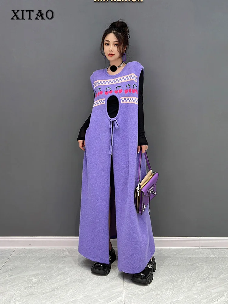 

XITAO Fashion Hollow Out Knitting Dress Vintage Contrast Color Splicing Sleeveless Pullover Lacing Slit Hem Autumn New WLD9107