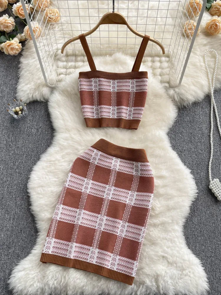 

Plaid Small Fragrance Sexy Outfits For Woman Occident Fashion Knitted Two Piece Set Women Vest + Skirt Suits Summer 2 Piece Sets
