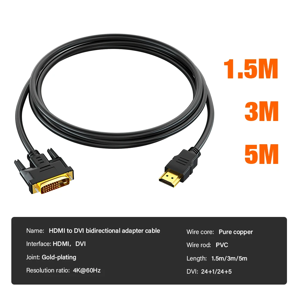 Двусторонний преобразователь DVI в HDMI, двунаправленный кабель-адаптер 4K, 60 Гц, 1080P, 1,535 метров, для ПК, ноутбука, PS5, Xbox Switch TV 24 124 5 (art.: 3920c88136dcd) - 3920c88136dcd