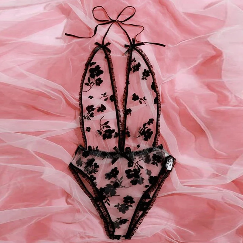 

One-piece Erotic Bodysuit Sexy Lingerie New See-through Mesh Embroidery Black Plus Size Lingere Exotic Sling Plus Size Lingerie