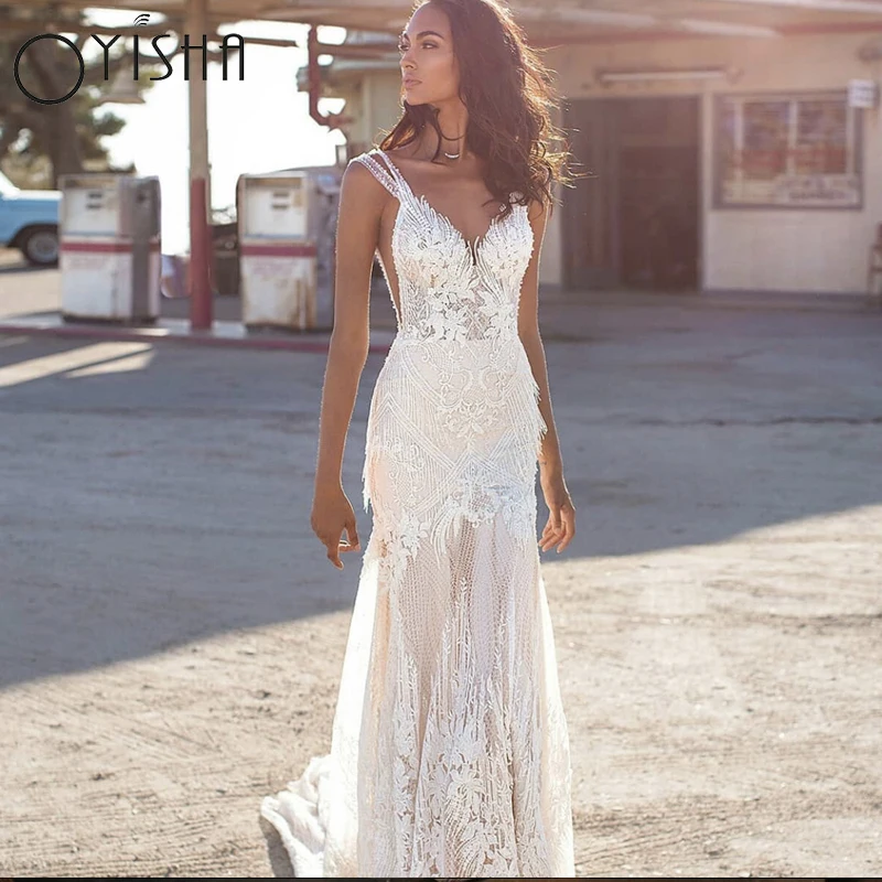 

Oyisha Luxury Mermaid Wedding Dresses V-Neck Lace Embroidery Sleeveless Open Back Bridal Gown Sweep Train Vintage Robe De Mariée