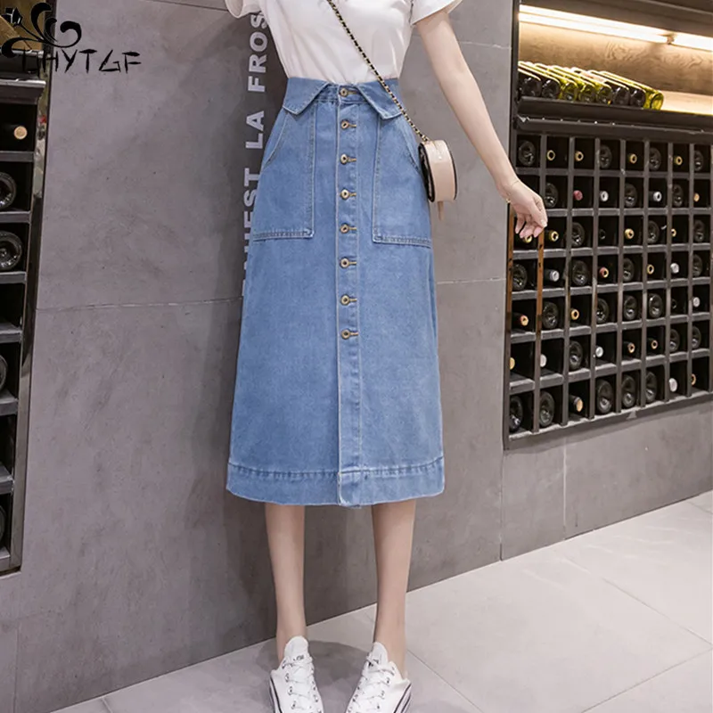 

Джинсовая юбка UHYTGF для женщин, весна-лето, новинка, корейский стиль, фланцевая, ретро, с высокой талией, однобортная, прямая, Женская Ковбойская юбка
