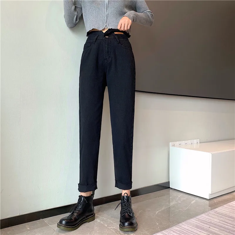 

DD2985 New fashion high waist slim loose straight pants all-match jeans