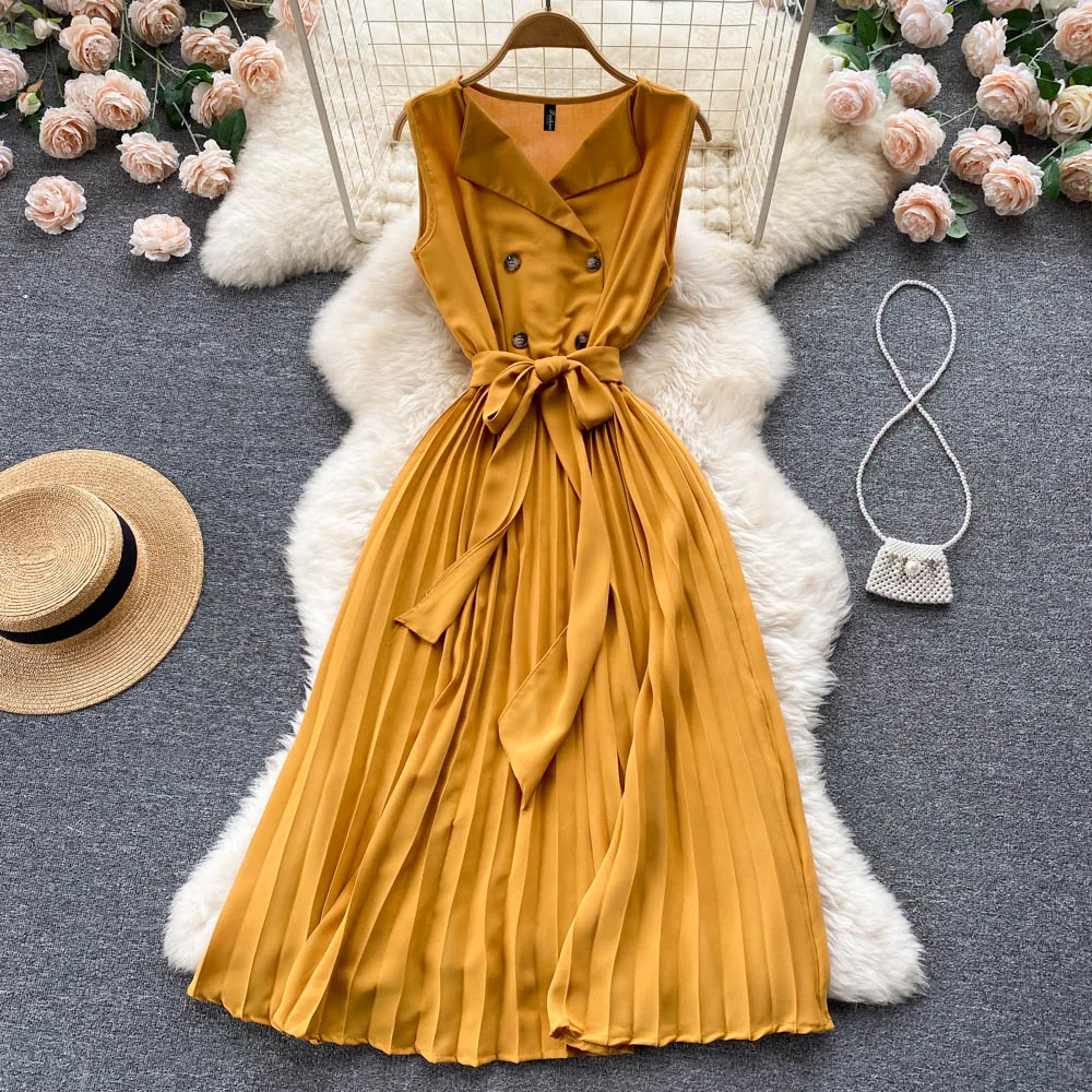 

French Retro V-neck Double-breasted Slim Pleated Dress New Fashion Women Sleeveless Solid Color Casual Clothes Vestidos G807