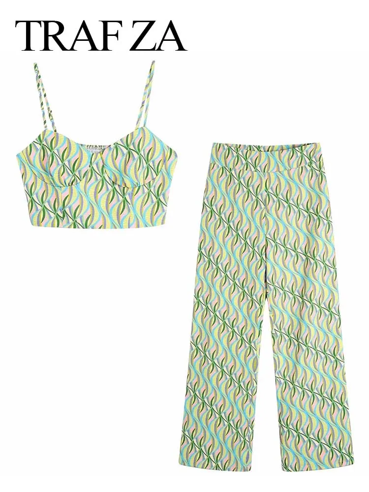 

TRAF ZA Summer Women's Sling Printed Cropped Bustier Fashion Slim Elastic Sexy Top + High Waist Zipper Straight Casual Pants