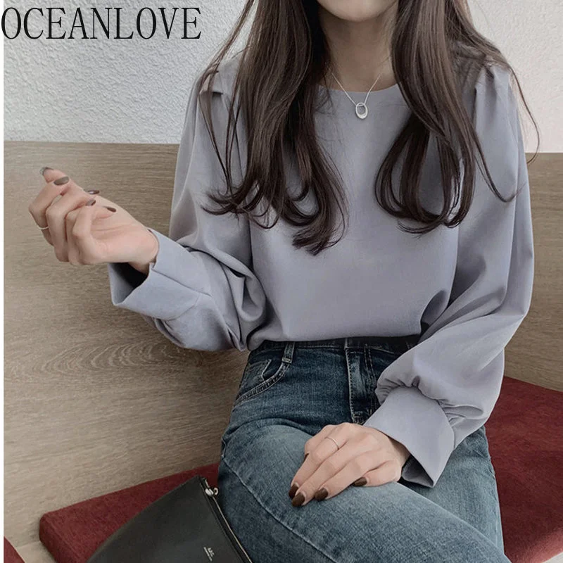 

Oceanlove Office Ladies Shirts Solid Puff Sleeve Spring Tops Elegant Retro Blouse Women 2021 Chic Loose Blusas Mujer 19812