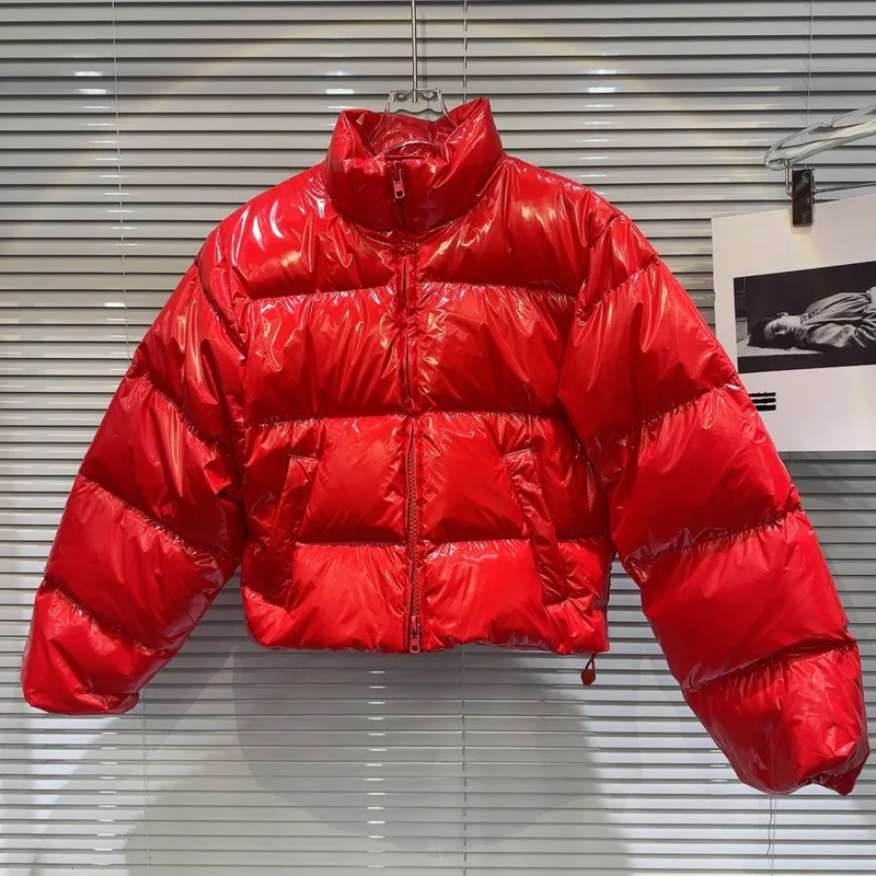 

PREPOMP 2023 зима новое поступление молния воротник-стойка яркая искусственная кожа Красное теплое пальто Женская хлопковая куртка GM387