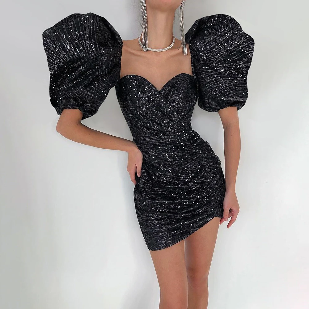 

Short Puff Sleeve Square Collar Sequins Black Mini Dress 2022 Summer Party Dresses Women Evening Elegant Lace Up Bodycon Dress