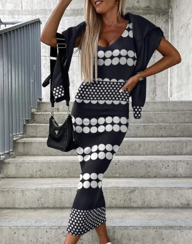 

Two Piece Set Women Outfit 2023 Autumn New Fashion Casual Polka Dot Print Sleeveless Dress & V-Neck Blouse Set Elegant Commuting