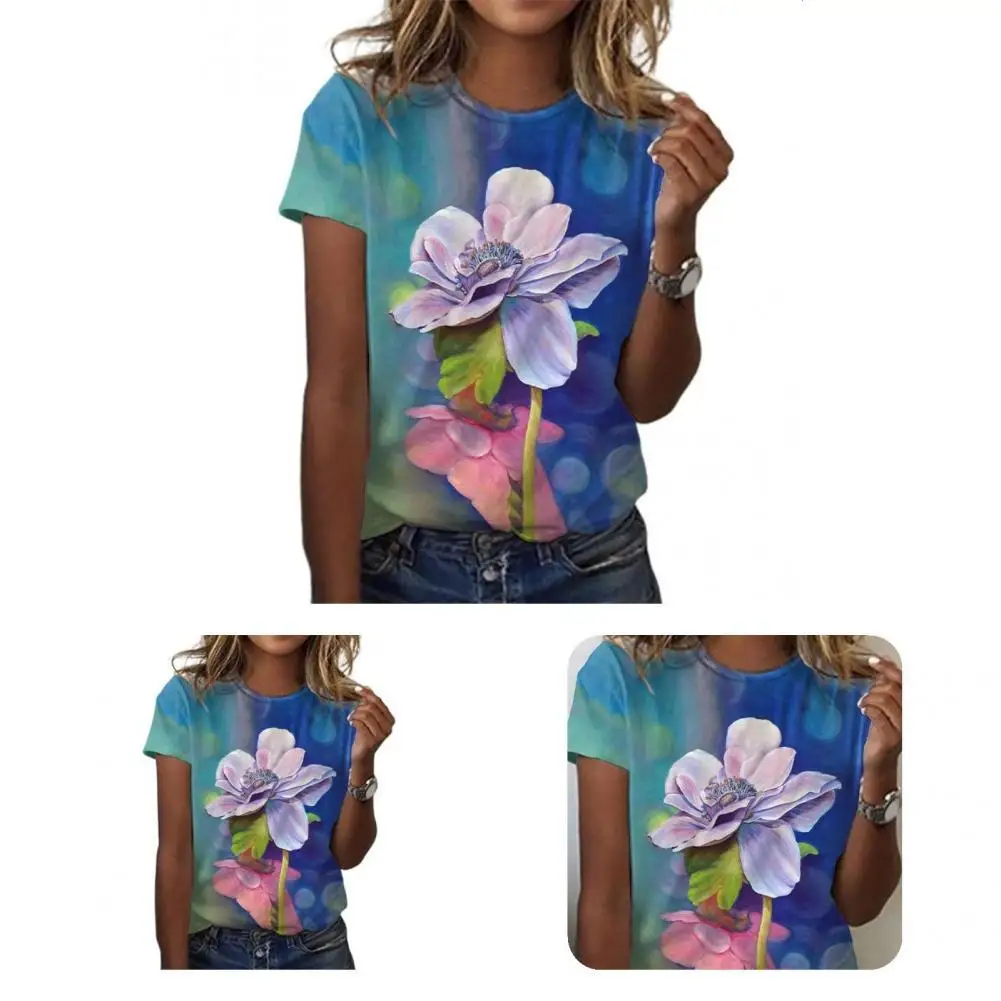 

Beautiful Breathable Casual Loose Flower Print Tee Top for Daily Life