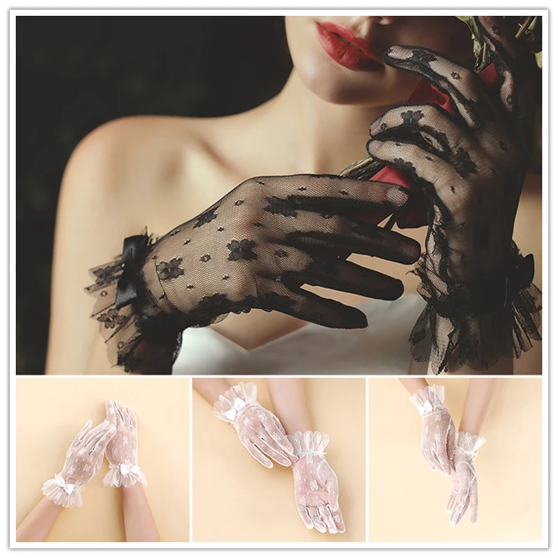 

Women Vintage Sheer Short Lace Gloves Derby Tea Party Wrist Length Floral Gloves for Dinner Fancy Costume Accessories Gloves