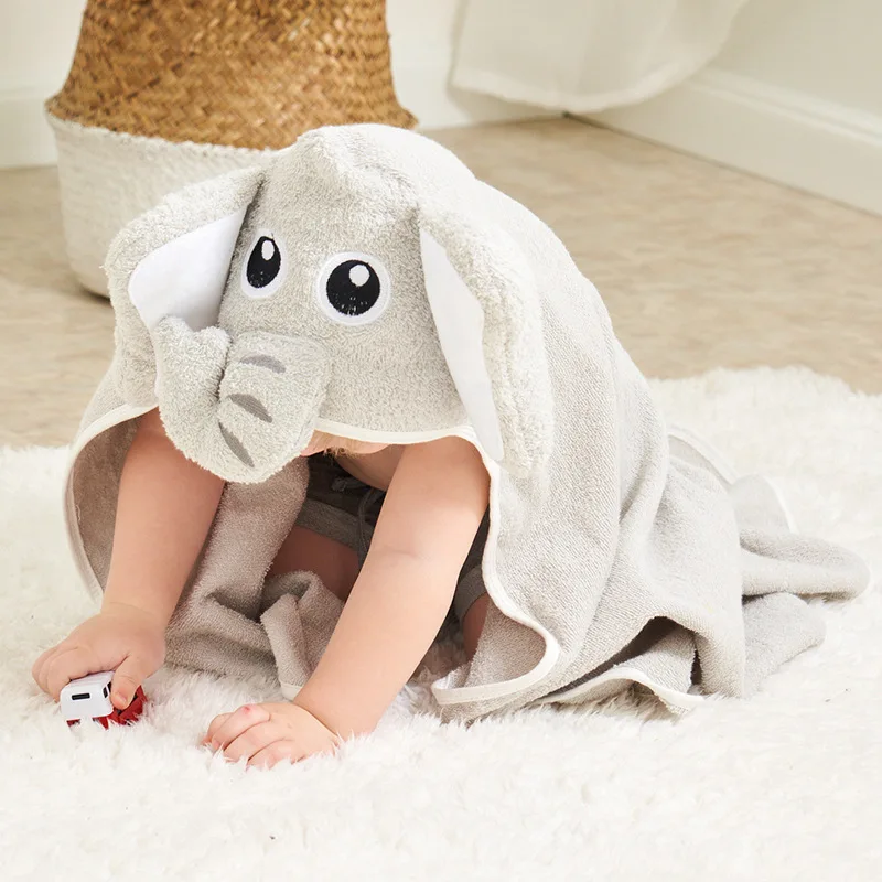 

New Released Premium Baby Cotton Hands Free Hooded Grey Elephant Baby Bath Towel Bamboo Kids Towel with Hooded