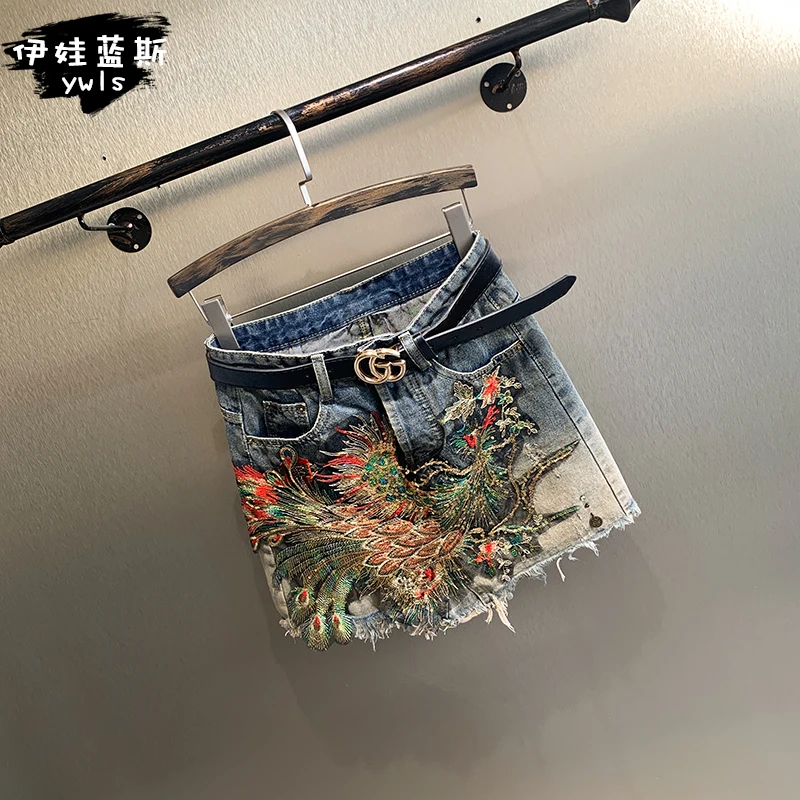 

Lyfzous Women Phoenix Sequins Shorts Causal High Waist Straight Gradient Color Denim Mini Shorts Skirts