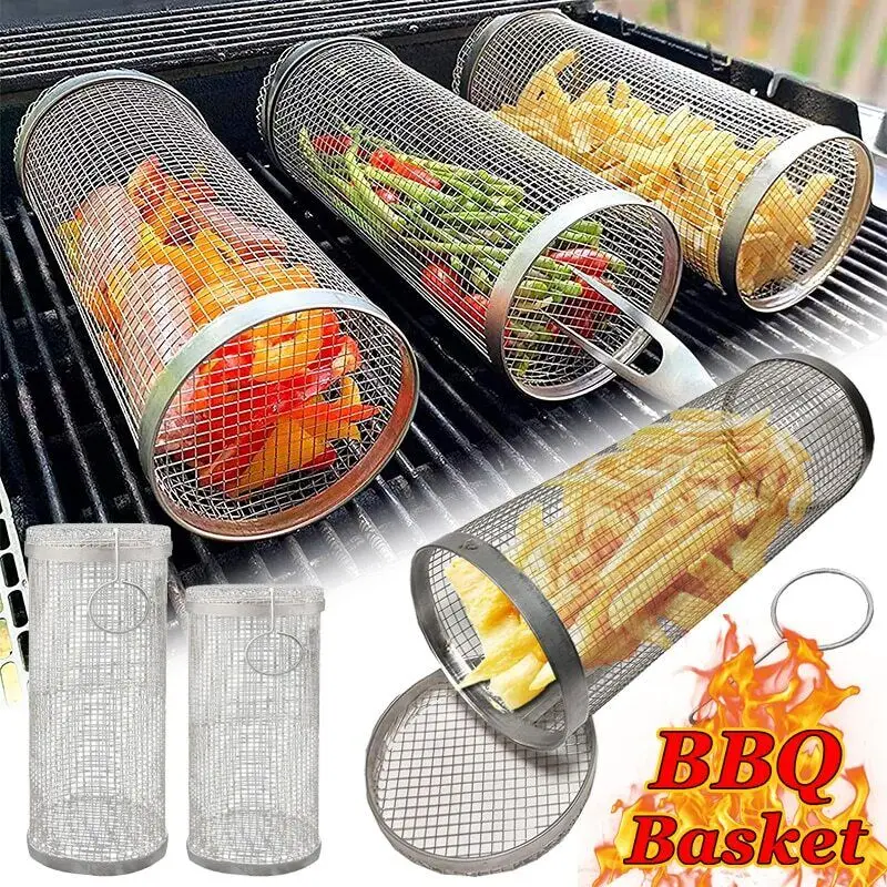 

New BBQ Rolling Grilling Basket Stainless Steel Leakproof Mesh Barbecue Grill Baskets Outdoor Picnic Camping Portable BBQ Grills